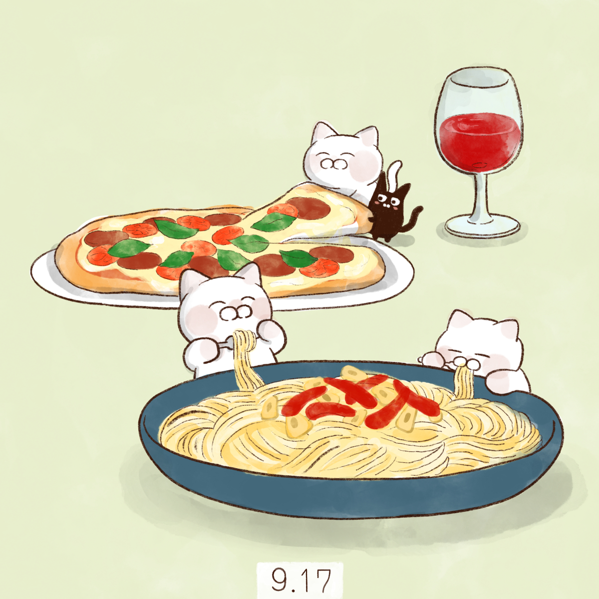 「9月17日【イタリア料理の日】 イタリア語で「料理」を意味する「クチーナ(CUC」|大和猫のイラスト