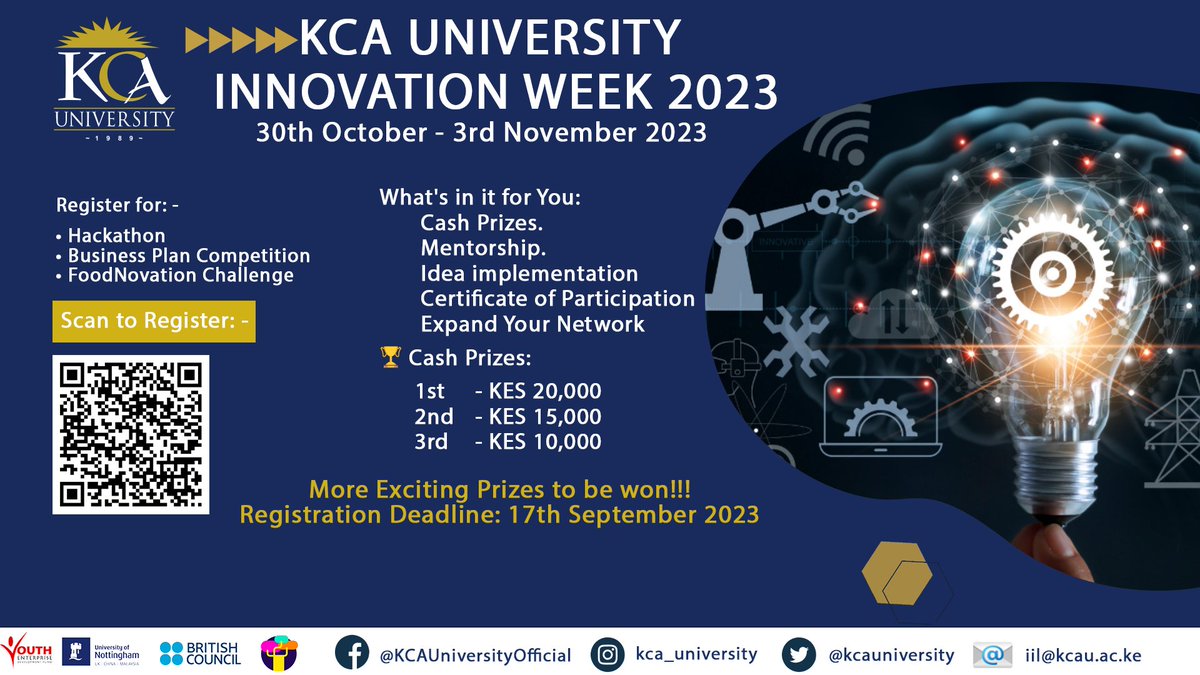 KCA University (@kcauniversity) on Twitter photo Are you a young entrepreneur, tech innovator, or passionate chef?
Follow this link tinyurl.com/kcau-innovatio… to register for our #Hackathon, #BusinessPlanCompetition or #FoodNovation.
<a href="/britishcouncil/">British Council</a> <a href="/uniofnottingham/">Uni of Nottingham #WeAreUoN</a> <a href="/YouthFund_Ke/">Youth Fund</a>
#KCAUat10
#InnovationWeek
#NoLimitsAnywhere Are you a young entrepreneur, tech innovator, or passionate chef?
Follow this link tinyurl.com/kcau-innovatio… to register for our #Hackathon, #BusinessPlanCompetition or #FoodNovation.
<a href="/britishcouncil/">British Council</a> <a href="/uniofnottingham/">Uni of Nottingham #WeAreUoN</a> <a href="/YouthFund_Ke/">Youth Fund</a>
#KCAUat10
#InnovationWeek
#NoLimitsAnywhere