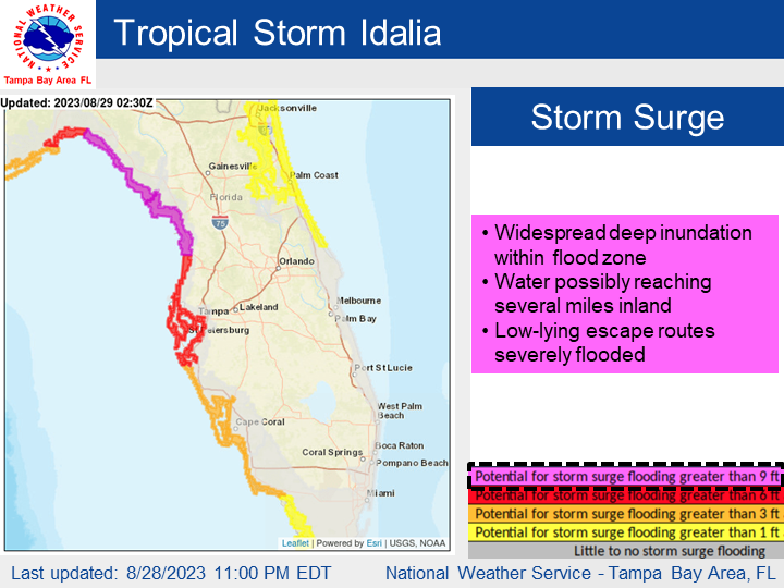 NWSTampaBay's tweet photo. 🗣️ PREPARE NOW! #TropicalStormIdalia is forecast to become a hurricane overnight!

Potential Impacts:
🌊8-12' storm surge further north, 4-7' Tampa Bay 
🌬️ TS/H force winds depending on location
🌧️4-8" rainfall with locally higher amounts 
🌪️ Several tornadoes possible  

#FLwx https://t.co/H1c5qlLvwd