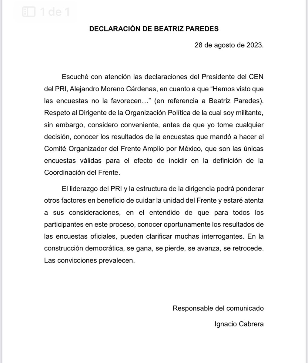 Declaración de Beatriz Paredes.
