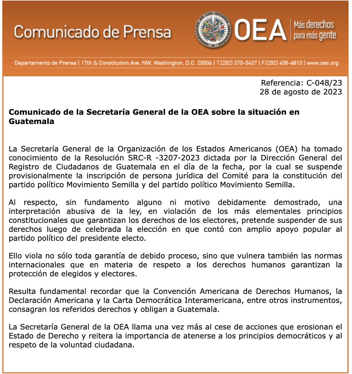 cmendeza's tweet photo. El Secretario General de @OEA_oficial considera que la cancelación de @msemillagt no tiene base y, en cambio, es una interpretación abusiva de la ley. https://t.co/oOucdvI5WP