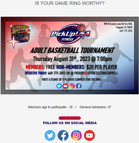 pickupusaDFW's tweet photo. Test your skills at our adult basketball tourney this Thursday; sign up today as an individual or 5 player team..spots are limited. @pickupusa_coppelltx #mensbasketball #basketball #basketballtournament #tournament  #abetterwaytoplay #champions #dfwsports #dfwhoops #dallas https://t.co/9r5NNXtzUI