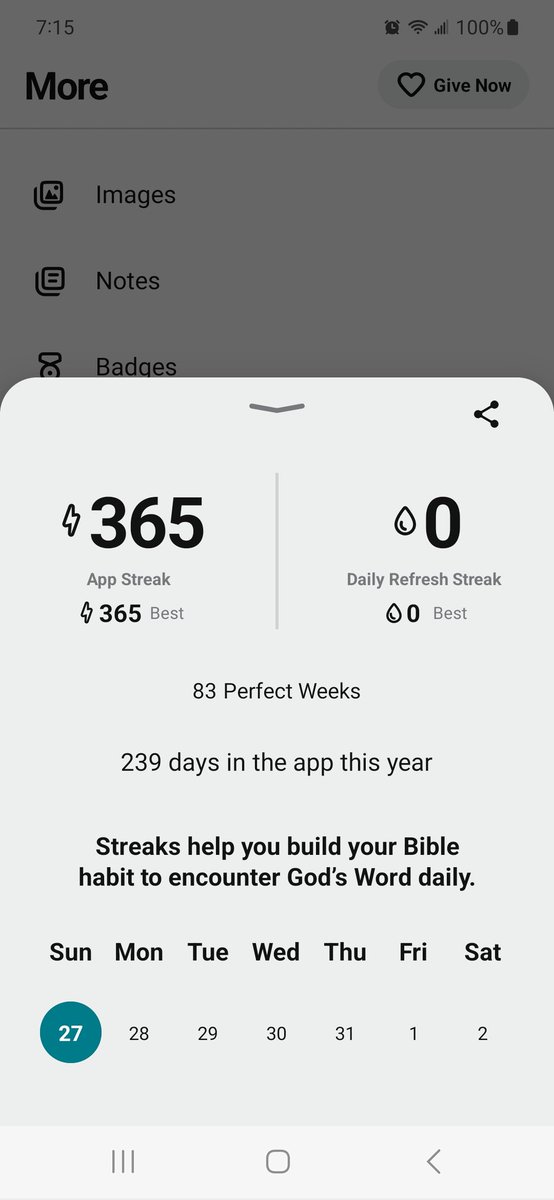 1 year without missing a day of reading my Bible verse of the day.  God bless.