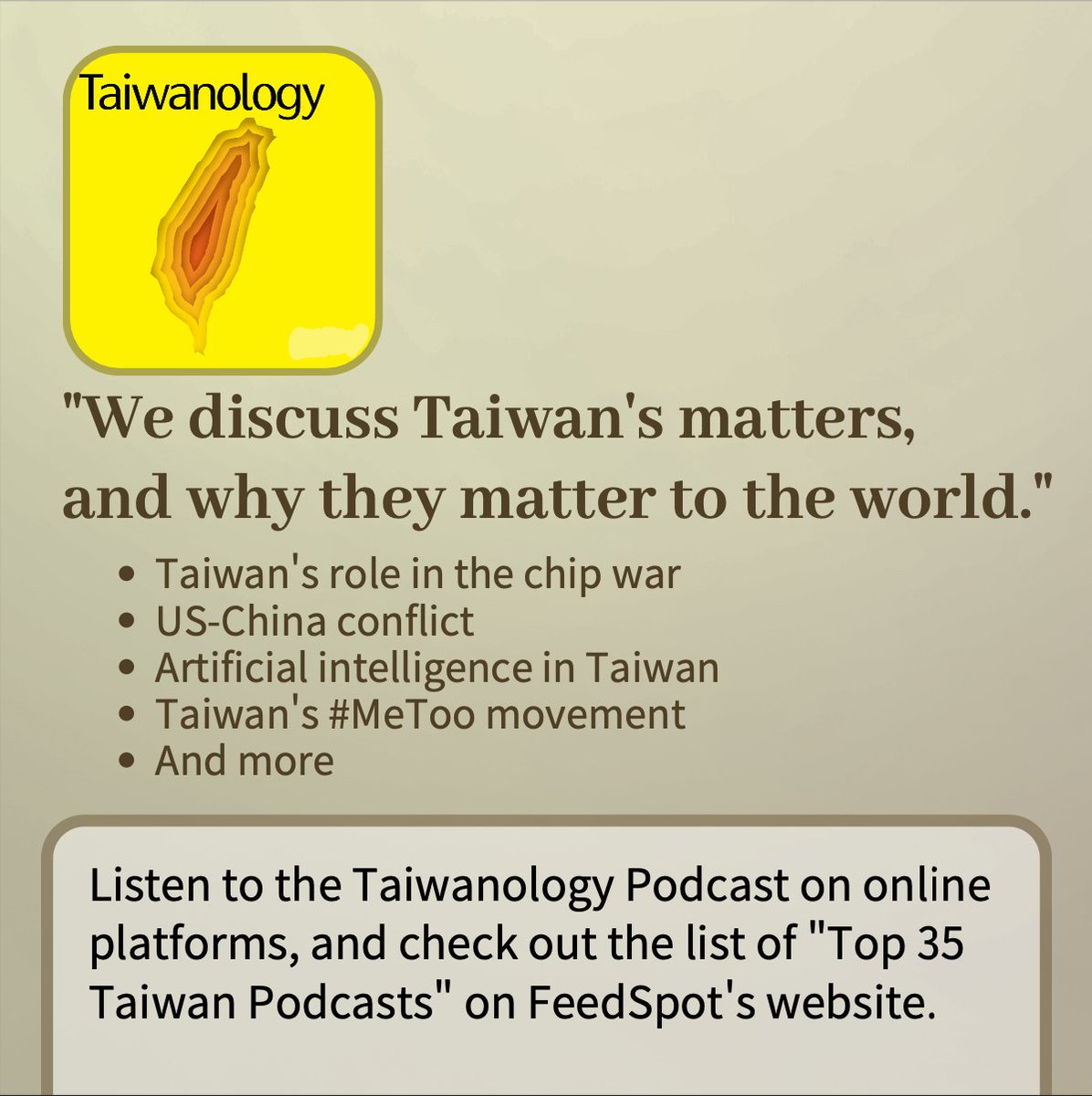 The Top 35 #Taiwan #Podcasts list created by @_feedspot is “the most comprehensive list of Top 35 Taiwan Podcasts on the internet,” selected from thousands of podcasts on the web and ranked by traffic, social media followers, and freshness. We are honored to be part of this.