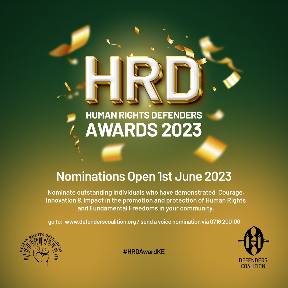 🔔3 DAYS LEFT⏰ 'Somebody has to stand when others are sitting, somebody has to talk when others are quiet' HERE IS A CHANCE TO APPRECIATE YOUR FAVOURITE HUMAN RIGHTS DEFENDER💥 Nominate someone now! defenderscoalition.org/call-for-nomin… Nominations close on 31 August 2023. #HRDAwardsKE