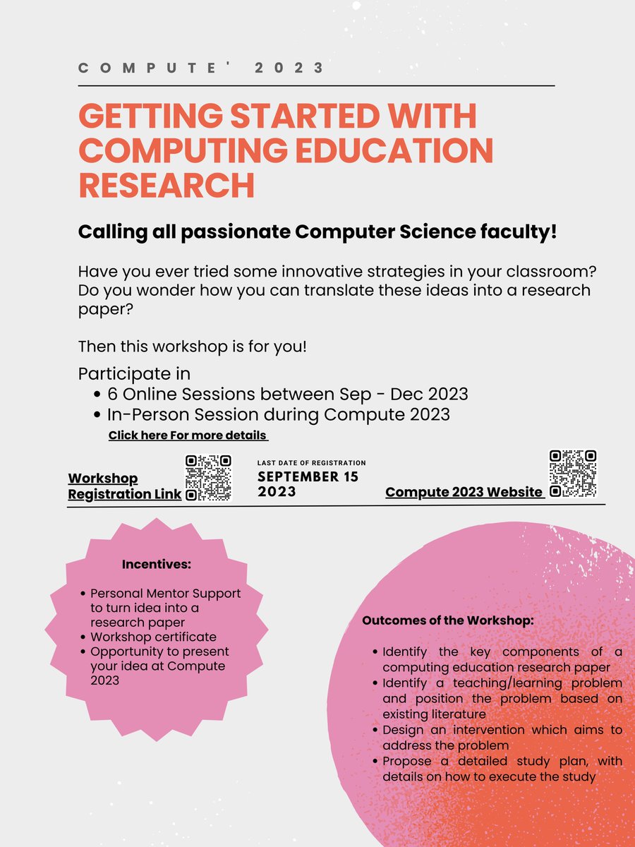 Prajish Prasad (@_prajish) on Twitter photo Calling all passionate Computer Science faculty!
We are organizing a workshop in Compute 2023 - Getting Started with Computing Education Research
6 online sessions between Sep - Dec 2023
In-Person Session during Compute 2023
More info here - event.india.acm.org/compute/worksh…
<a href="/isigcse/">ACM iSIGCSE</a> Calling all passionate Computer Science faculty!
We are organizing a workshop in Compute 2023 - Getting Started with Computing Education Research
6 online sessions between Sep - Dec 2023
In-Person Session during Compute 2023
More info here - event.india.acm.org/compute/worksh…
<a href="/isigcse/">ACM iSIGCSE</a>
