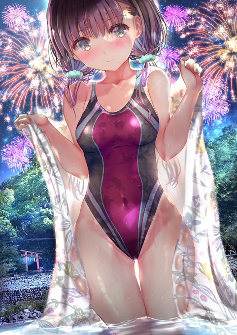 過去絵リメイク花火と浴衣と競泳水着 