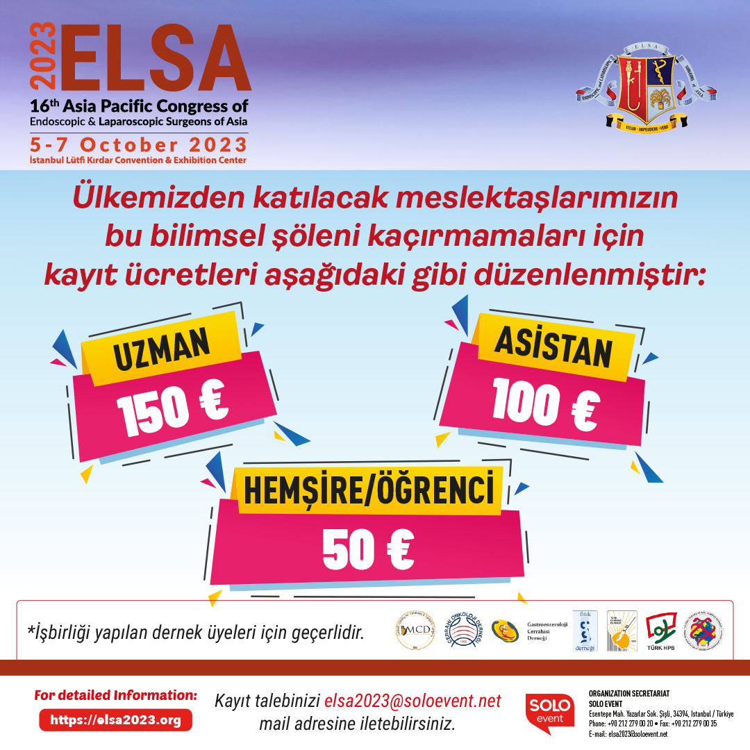 Ülkemizden katılacak meslektaşlarımızın bu bilimsel şöleni kaçırmamaları için kayıt ücretlerimiz yeniden düzenlenmiştir.

Kayıt talebinizi elsa2023@soloevent.net mail adresine iletebilirsiniz.

#elsa #elsa2023 #elsasociety #soloevent #endoscopy #laparoscopy #surgery <a href="/mahirozmen/">Prof Dr M Mahir Ozmen</a>