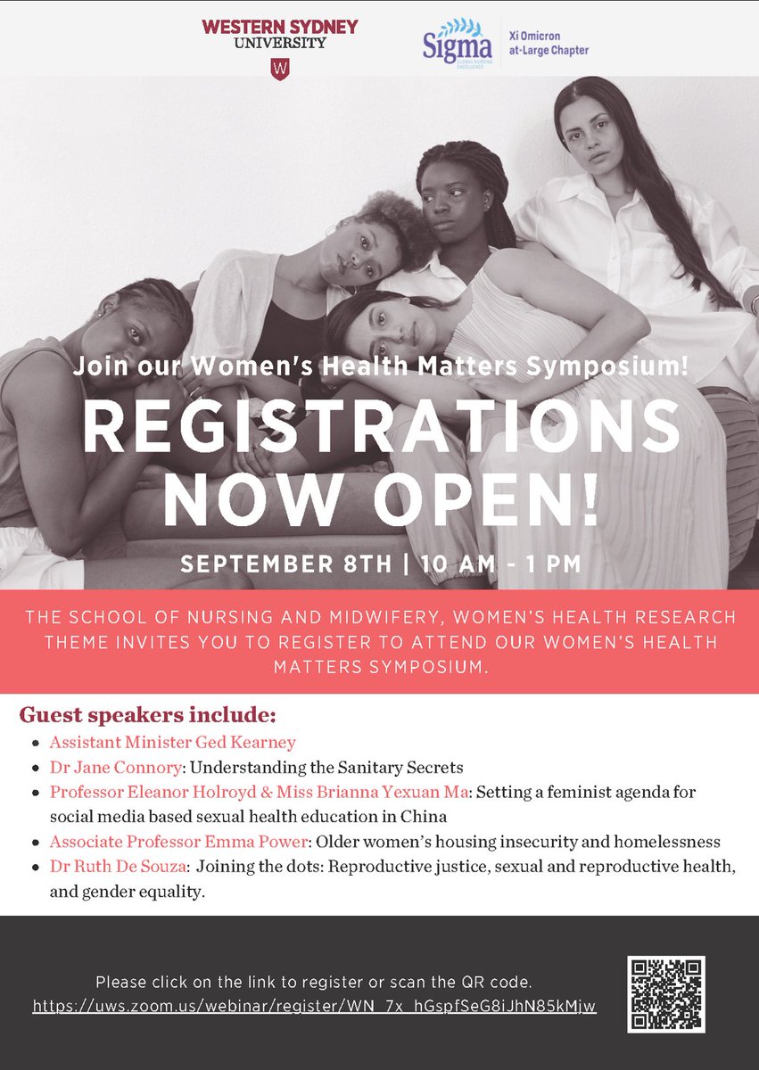 Psi Zeta at-Large (@sigmapsizetaal) on Twitter photo <a href="/sigmaxiomicron/">SigmaNursing XiOmicronAtLarge</a> is holding a co-badged Women’s Health Symposium on 8th September at 10-1 pm and extends the invitation to <a href="/SigmaPsiZetaAL/">Psi Zeta at-Large</a> members and students. Please see link or scan QR code below to register.
<a href="/SigmaOceania/">SigmaOceania</a> <a href="/SigmaNursing/">Sigma Nursing</a> #WeAreSigmaNurses <a href="/sigmaxiomicron/">SigmaNursing XiOmicronAtLarge</a> is holding a co-badged Women’s Health Symposium on 8th September at 10-1 pm and extends the invitation to <a href="/SigmaPsiZetaAL/">Psi Zeta at-Large</a> members and students. Please see link or scan QR code below to register.
<a href="/SigmaOceania/">SigmaOceania</a> <a href="/SigmaNursing/">Sigma Nursing</a> #WeAreSigmaNurses