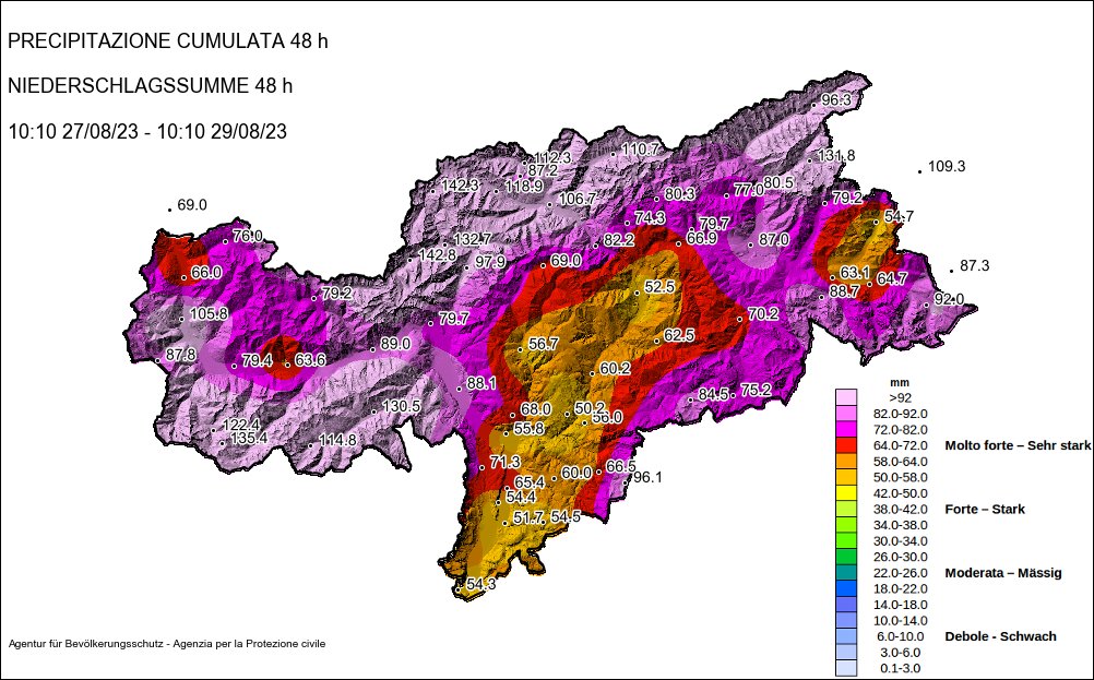 #Dauerregen auch in #Südtirol, dabei am meisten Niederschlag in der #Ortlergruppe und am #Alpenhauptkamm. Heute ist es mit seichtem #Nordföhn bereits trocken, mit südlicher Höhenströmung bleibt es aber noch überwiegend bewölkt.📷Niederschlag der letzten 48h. ©️#Landeswetterdienst