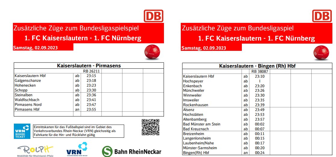 Regio_Mitte's tweet photo. ⚽️Zusätzliche Züge zum #Bundesligaspiel am Samstag, 02.09.2023
1. FC #Kaiserslautern - 1. FC #Nürnberg 

#Fußball #Betze #fcn @1_fc_nuernberg @Rote_Teufel @Polizei_KL #DontDrinkAndDrive #DeutscheBahn #DBRegioMitte
Infos:⬇️ https://t.co/7LY3SLwnSM