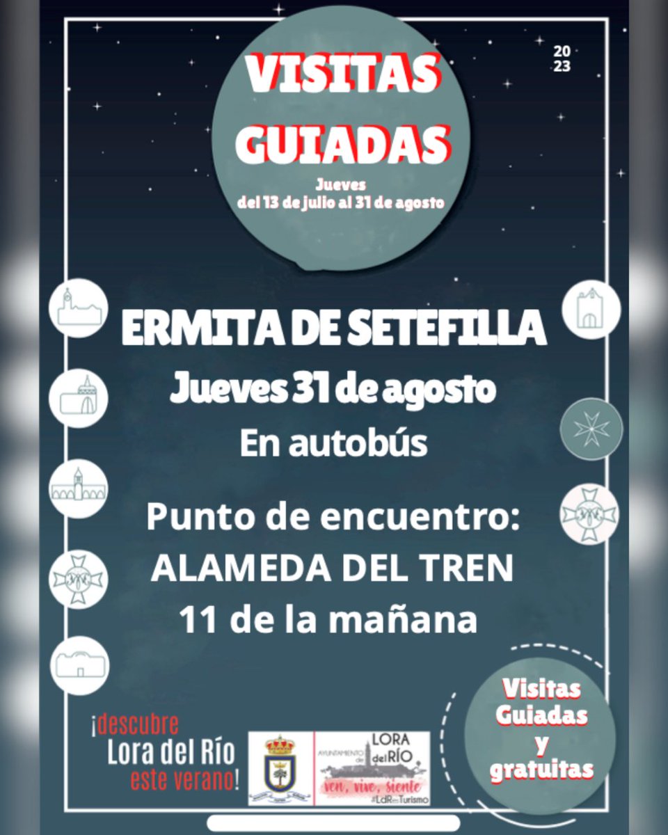 Descubre uno de los lugares más emblemáticos de #LoradelRío 🌞 Este jueves 31 a las 11h, acompáñanos en una visita guiada y gratuita a la 𝐄𝐫𝐦𝐢𝐭𝐚 𝐝𝐞 𝐒𝐞𝐭𝐞𝐟𝐢𝐥𝐥𝐚. Un templo lleno de encanto e historia. ¡Ven y vive una experiencia única!
