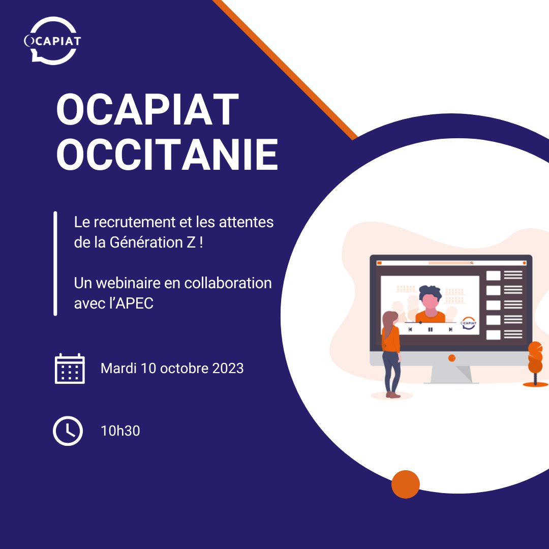 OcapiatOccitan's tweet photo. #OCAPIAT Occitanie vous propose un #webinaire en collaboration avec l'@ApecOccitanie :
📅 le mardi 10 octobre 2023
🕛 à 10h30
❓Le recrutement et les attentes de la Génération Z !
👉Inscription : https://t.co/rlUliTisuJ https://t.co/wM6PUcWQT7