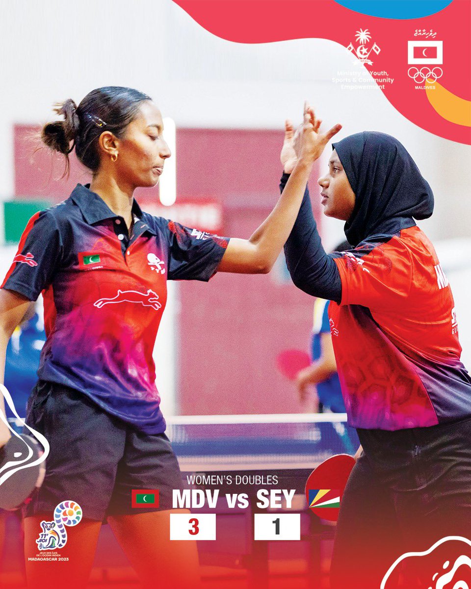 Maldives' dynamic duo Mishka and Laisa triumph in a thrilling table tennis Women's Doubles match against Seychelles during the group stage. With a 3-1 set victory. @TT_Maldives @MoYSCEmv 📸 MOC Media / Suadh Abdul Sattar