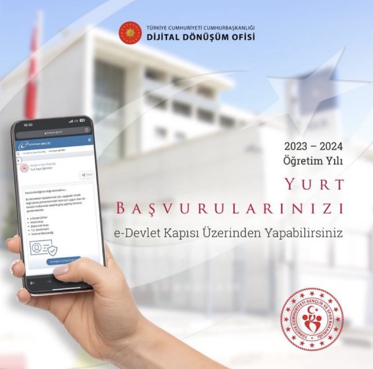 Sevgili genç kardeşlerim, 2023 – 2024 Öğretim Yılı yurt başvurularınızı 29 Ağustos - 2 Eylül tarihleri arasında <a href="/ekapi/">e-Devlet Kapısı</a> üzerinden dakikalar içinde yapabilirsiniz. 
🔗 ddo.link/yurt-basvuru
🤝 <a href="/gencliksporbak/">Gençlik ve Spor Bakanlığı 🇹🇷</a>