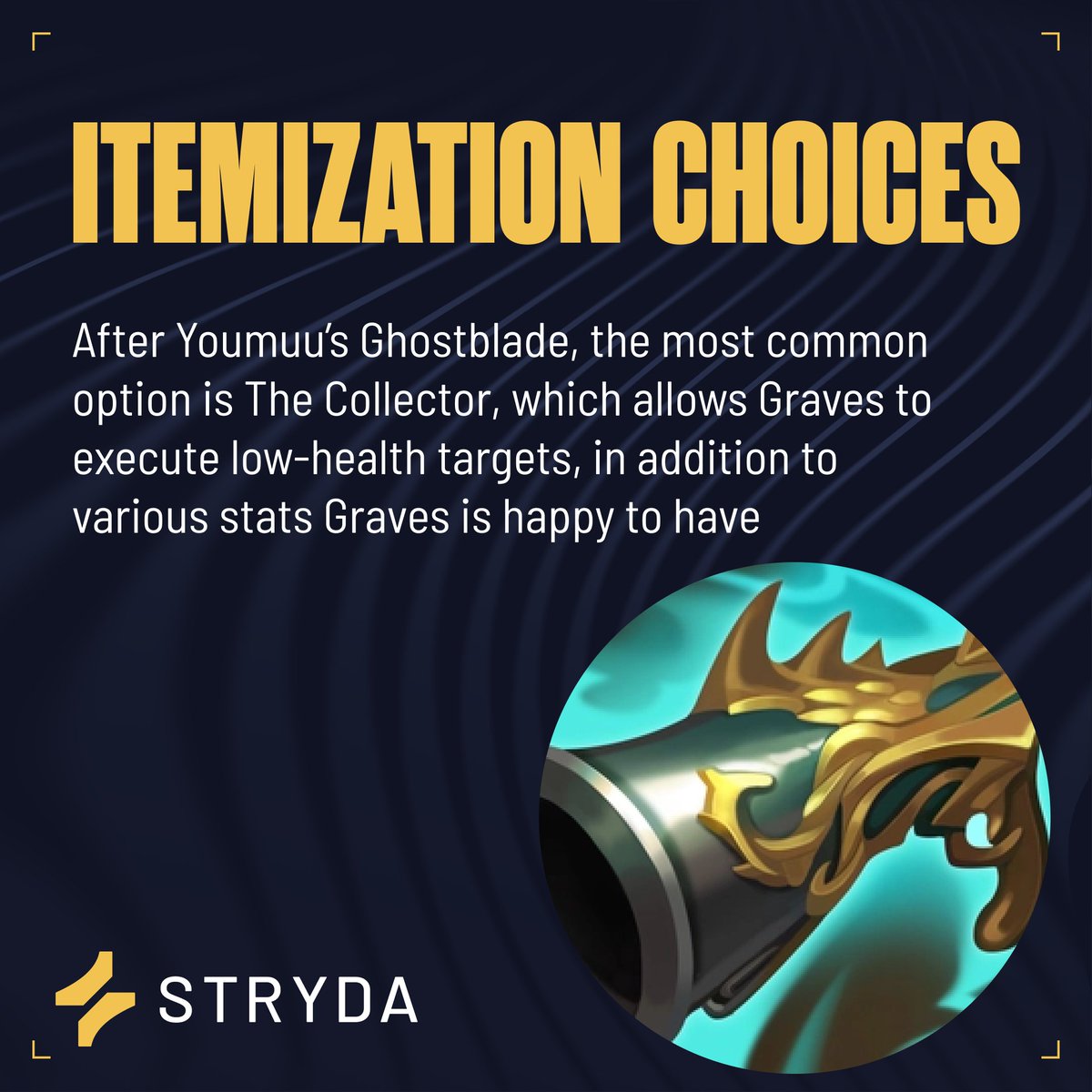 Strydagg's tweet photo. LEAGUE OF LEGENDS GRAVES: HOW TO PLAY THE OUTLAW IN THE JUNGLE ROLE 👇

Unlike in previous seasons, Graves doesn’t require Presence of Mind for the Jungle role due to the changes introduced with the Season 13 Jungle update that significantly increased the mana generation for Junglers when clearing jungle camps. Below is a quick breakdown allowing you to adjust your runes before your match starts.

Youmuu's Ghostblade provides Graves fantastic value for his gold between the flat 60 Attack damage, lethality, and ability haste stats. However, the item's biggest strength is in its effect, Haunt. Youmuu’s Ghostblade’s Haunt is a new passive similar to Fleet Footwork, stacking up to 100 “Spectral Shards” while moving around. While you are at 100 stacks of the Spectral Shards, in addition to out-of-combat movement speed, the item provides a significant amount of Lethality that drops off shortly after you damage an enemy character. The passive is perfect for Graves to utilize as it drastically increases the punch of his first attacks in a fight.

While many League of Legends champions are simple enough to start practicing right away in normal games, Graves is one of the few worth exploring in the practice tool. There are a lot of small mechanics that you need to keep track of that are too distracting to learn while you are focusing on everything else. First and foremost, Graves’ positioning.

Want to know if Graves fits your playstyle? Read more in our blog article: https://t.co/y7OuT5jZaZ