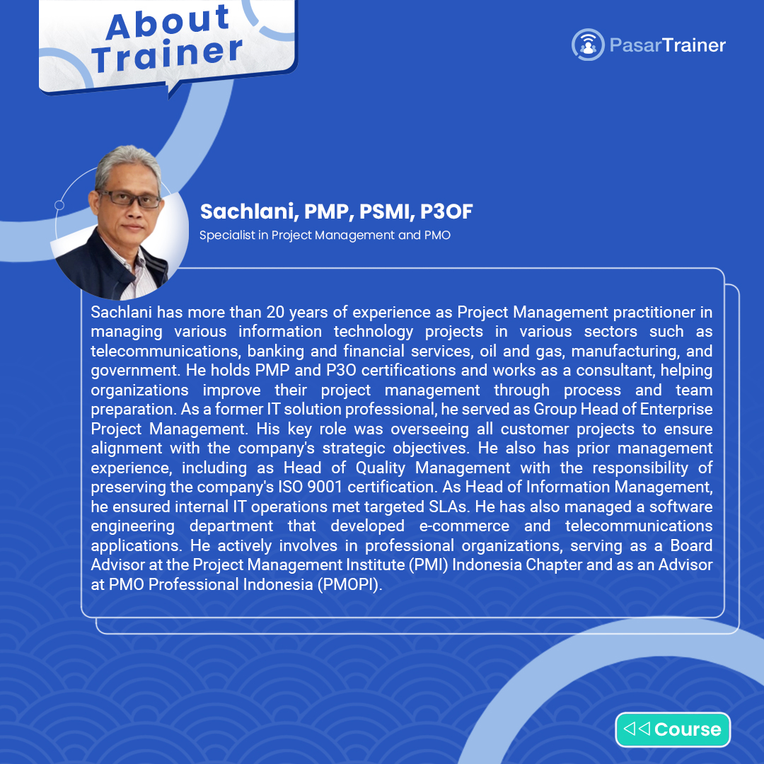 PasarTrainer's tweet photo. Meet Our Professional Trainer, Sachlani, PMP, PSMI, P3OF 👨🏻‍🏫
Specialist in Project Management and PMO

📌 Find out what he teaches at PasarTrainer: https://t.co/a90ZouBbdZ

#pasartrainer #trainingmarketplace #trainingprovider #hrtraining #corporatetraining #learninganddevelopment https://t.co/RkMCKFcH5b