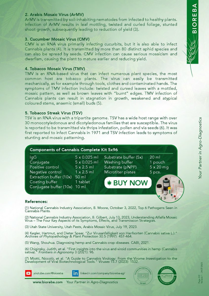 We are pleased to announce the Cannabis Complete Kit 5x96 for the early detection of Cannabis plant viruses.
Check out our special offer running until October 31st .

#labretoria #bioreba #elisakits #cannabis #cannabiscultivation #cannabisresearch