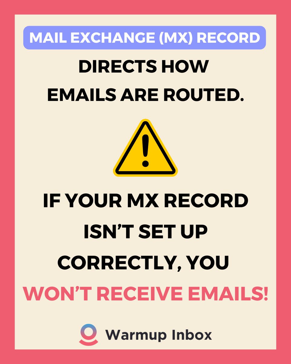 WarmupInbox's tweet image. An MX record directs how emails are routed within a domain&apos;s DNS settings.

If your MX record isn’t set up correctly, you won’t receive emails.

Learn how to properly configure an MX record, to ensure email delivery!
warmupinbox.com/post/mx-record

#EmailRouting #EmailDelivery