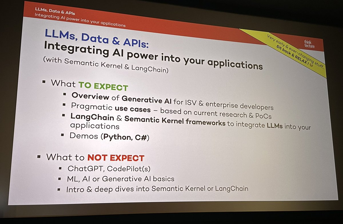 Thinktecture (@thinktecture) on Twitter photo Live on stage <a href="/dotnetday_ch/">DotNetDay CH</a> 🇨🇭😎 Our CTO and Tech Catalyst <a href="/christianweyer/">Christian Weyer</a> talks about the current state of integrating #AI power into your business application. And, of course, what great things might be already just around the corner. #dotnet #Python #LLMs #csharp Live on stage <a href="/dotnetday_ch/">DotNetDay CH</a> 🇨🇭😎 Our CTO and Tech Catalyst <a href="/christianweyer/">Christian Weyer</a> talks about the current state of integrating #AI power into your business application. And, of course, what great things might be already just around the corner. #dotnet #Python #LLMs #csharp