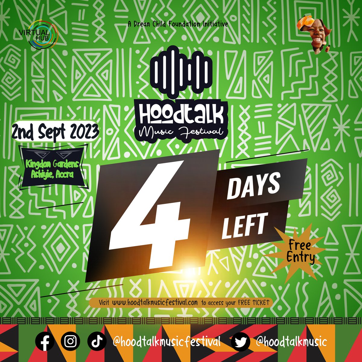 Counting down the beats to #HOODTALKMusicFestival - just four days left to groove! 🎶🎉 [free entry people] @vitualhubgh #FestivalVibes #GetReadyToJam #dreamchildfoundation #UniteEmpowerAmplify