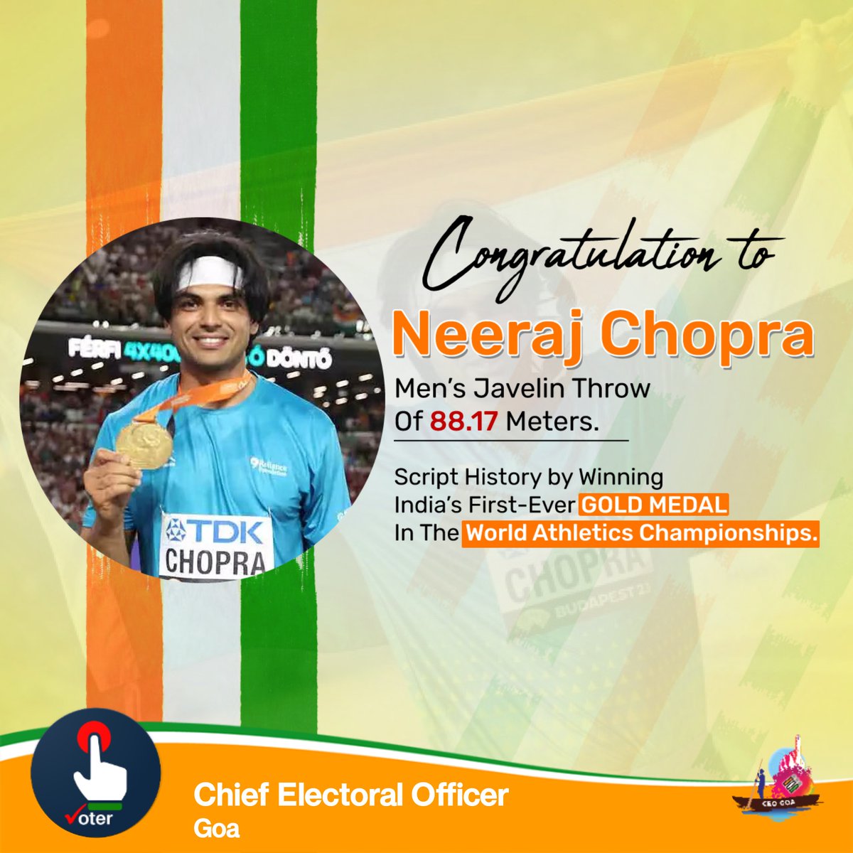 CEO_Goa's tweet photo. 'Gold for our diamond'
Congratulations to our World Champion
#goa #india #neerajchopra #atlethics #Worldchampionships2023 https://t.co/41vxxAXejd