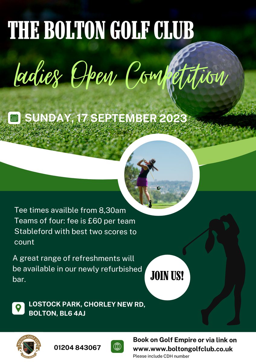 A few tee times still available for our Ladies Open on 17th Sept, why not join us? Book on the Club website - boltongolfclub.co.uk