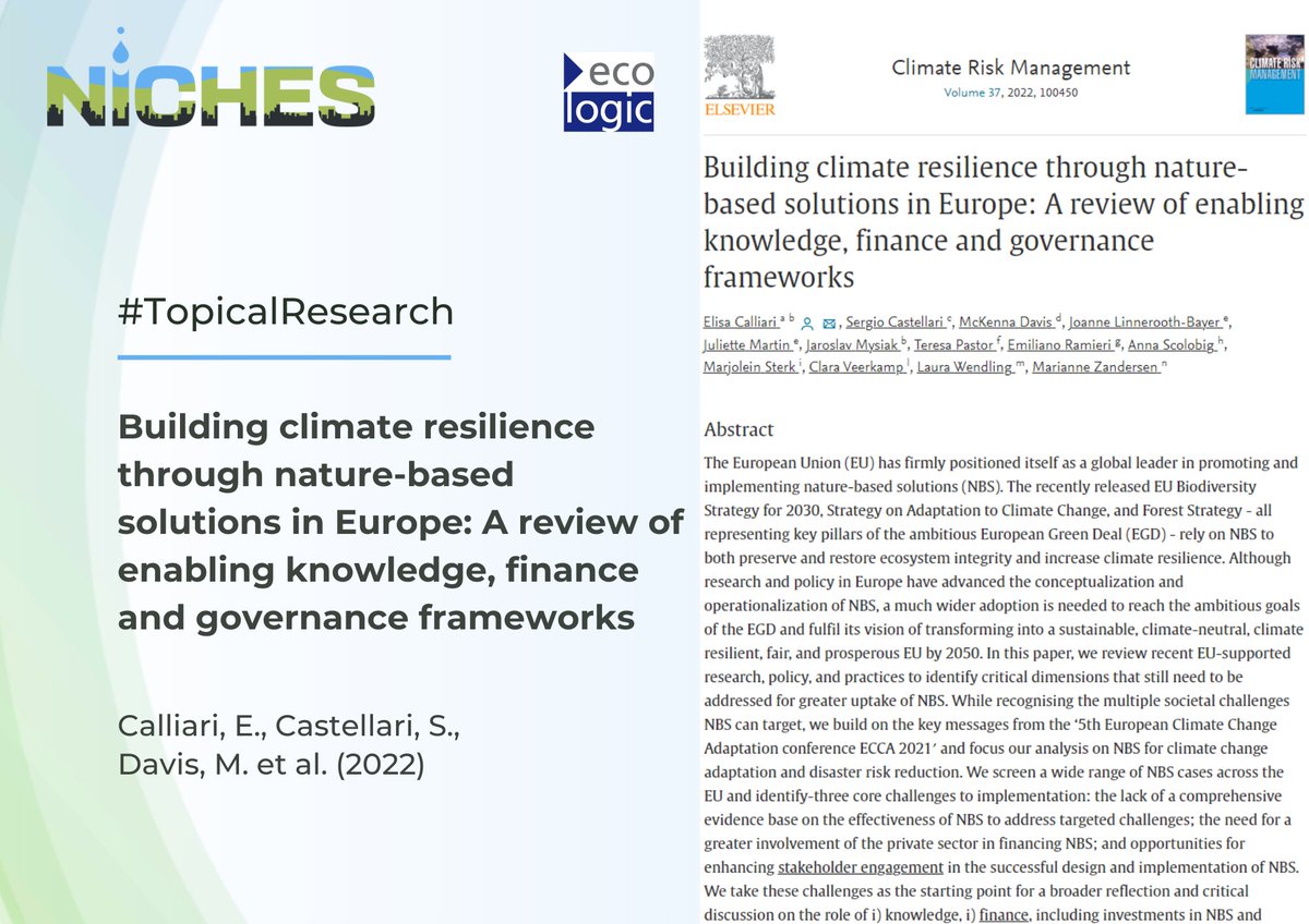 NICHES Project (@niches_project) on Twitter photo 📖 Featuring the next #TopicalResearch article which reviews EU research, policy, and practices to identify critical dimensions that need to be addressed for greater uptake of #NBS.
🔗 Read this paper, co-authored by <a href="/McKennaDavis_/">McKenna Davis</a> from <a href="/EcologicBerlin/">Ecologic Institute</a>: bit.ly/3YWjCIh 📖 Featuring the next #TopicalResearch article which reviews EU research, policy, and practices to identify critical dimensions that need to be addressed for greater uptake of #NBS.
🔗 Read this paper, co-authored by <a href="/McKennaDavis_/">McKenna Davis</a> from <a href="/EcologicBerlin/">Ecologic Institute</a>: bit.ly/3YWjCIh