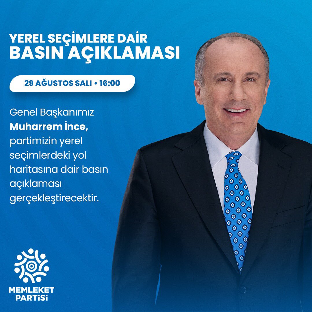 Genel Başkanımız Muharrem İnce, partimizin yerel seçimlerdeki yol haritasına dair basın açıklaması gerçekleştirecektir. 

Tarih: 29 Ağustos Salı 
Saat: 16.00