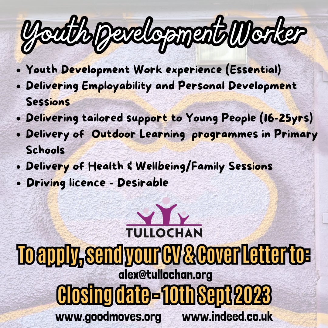 tullochan's tweet photo. WE'RE HIRING!
We're on the look out for someone new to join our team.
Do you have experience in Youth Work and looking for a new challenge? This could be the job for you!

Closing date 10th September.
https://t.co/ff4g4WFdh4
#tullochan #westdunbartonshire https://t.co/t1U9zYgdIS