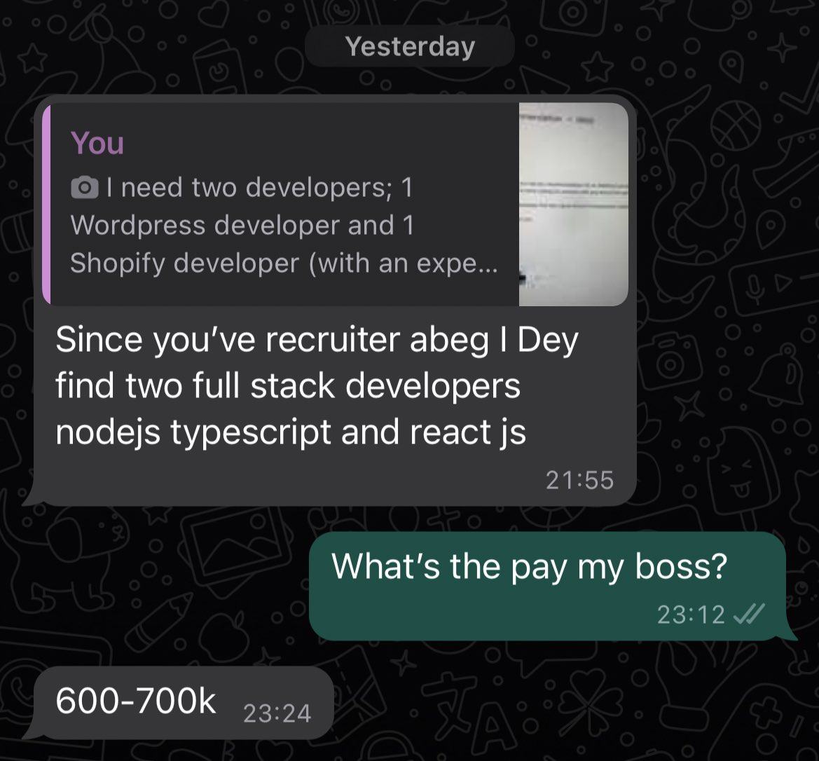 Daviowhite's tweet image. Job update!
2 full stack developers with experience in nodejs, typescript and react js needed.
Pay: NGN600K - NGN700K
Location: Remote
Kindly leave your portfolio in the comments.