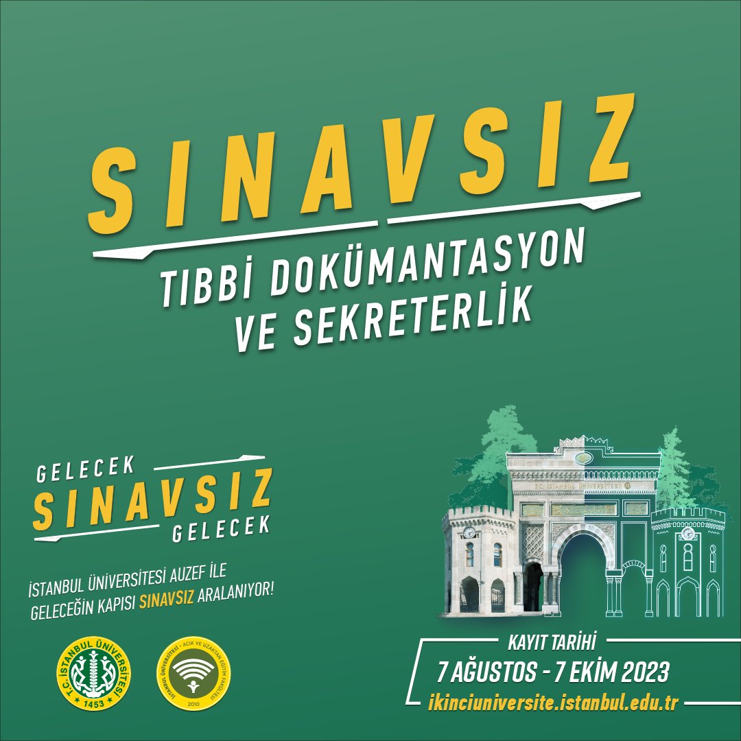 Sınavsız İkinci Üniversite kayıtları devam ediyor.

Detaylı bilgi için ikinciuniversite.istanbul.edu.tr adresini ziyaret edebilirsiniz.

Başvuru ve kayıt işlemleri basvuru.istanbul.edu.tr adresinden gerçekleştirilecektir.

#GelecekSınavsızGelecek