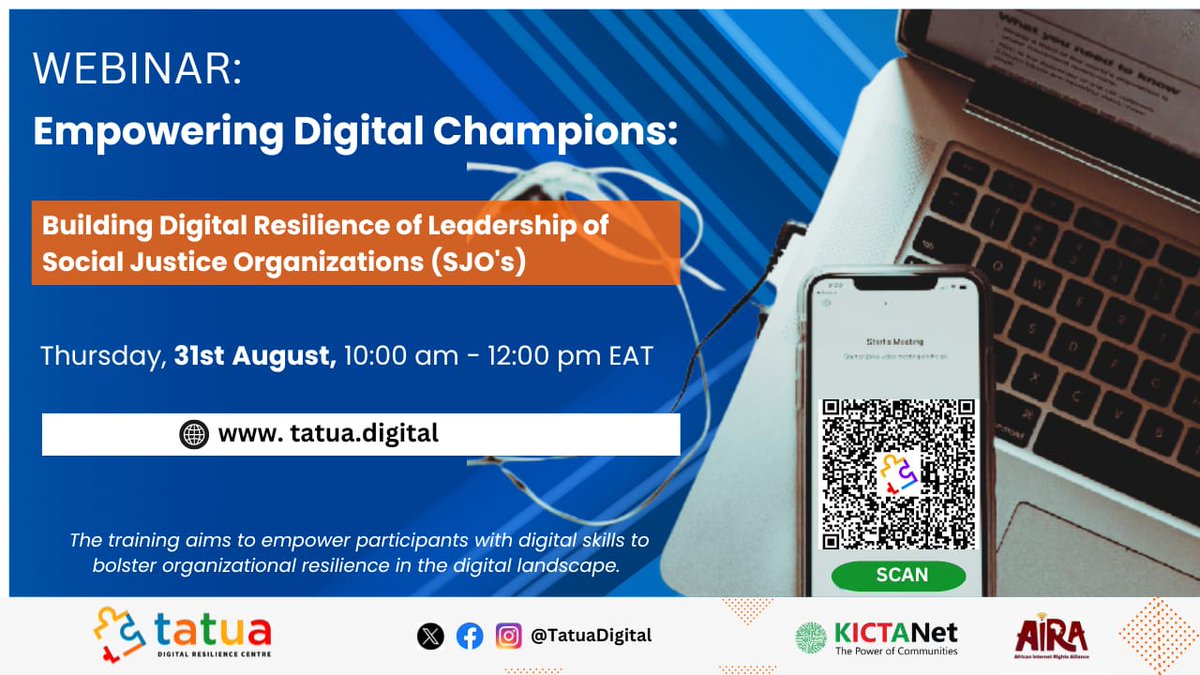 Join us for a Training for Board and Leadership to Build Digital Resilience for Social Justice Organizations in East Africa - Kenya, Uganda, and Tanzania. Date: 31 August 2023 | Time: 1000 – 1200 hours tatua.digital/workshop/train……

^mk