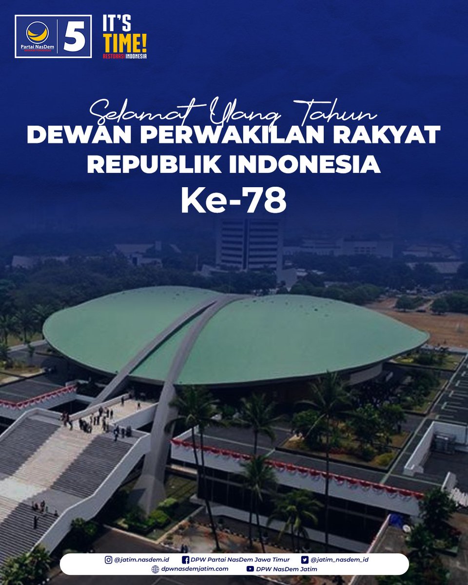 Selamat hari ulang tahun ke-78 DPR RI.

#NasDemJatim #RestorasiIndonesia #Nasdem