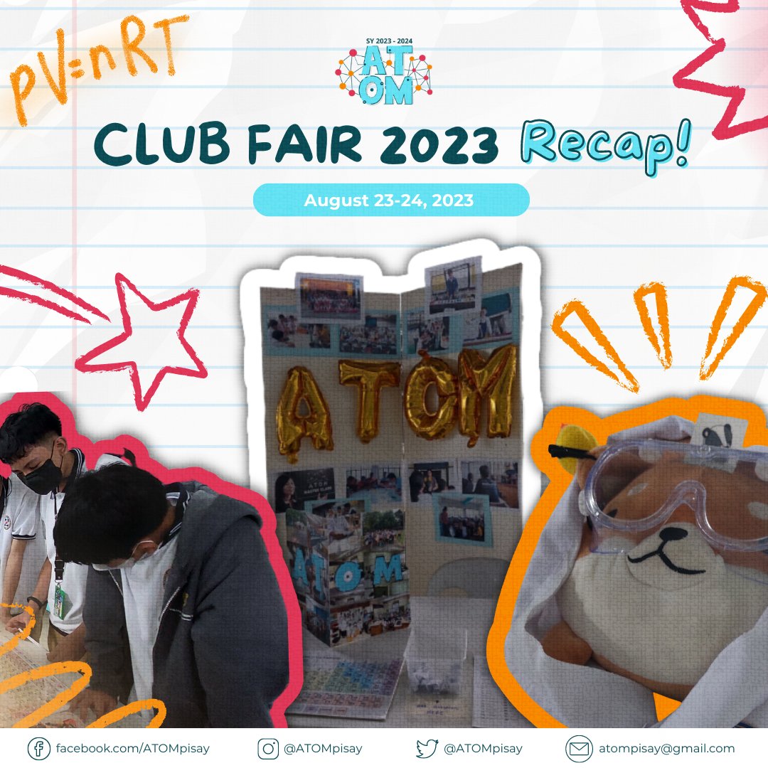 ATOMpisay's tweet photo. [CLUB FAIR 2023]

We would like to thank everyone who visited our Club Fair booth last August 23 and 24! We hope that you had a 💥blast💥 decoding our questions using the Periodic-tionary Table. 🔎

Si-you soon! 🔥💨🏁 https://t.co/Y5zHGMTNbw