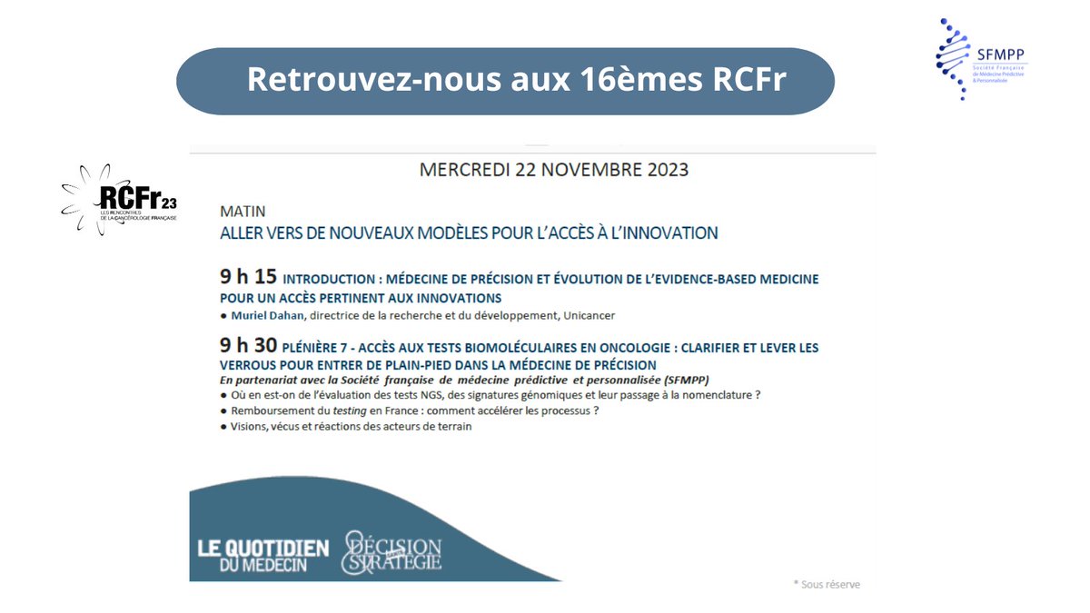 #RCFr23,  la SFMPP présente le 22 novembre  "Accès aux tests biomoléculaires en oncologie : clarifier et lever les verrous pour entrer de plain pied dans la  médécine de précision". Rejoignez-nous ! cutt.ly/A6zjoue#Health… #cancer