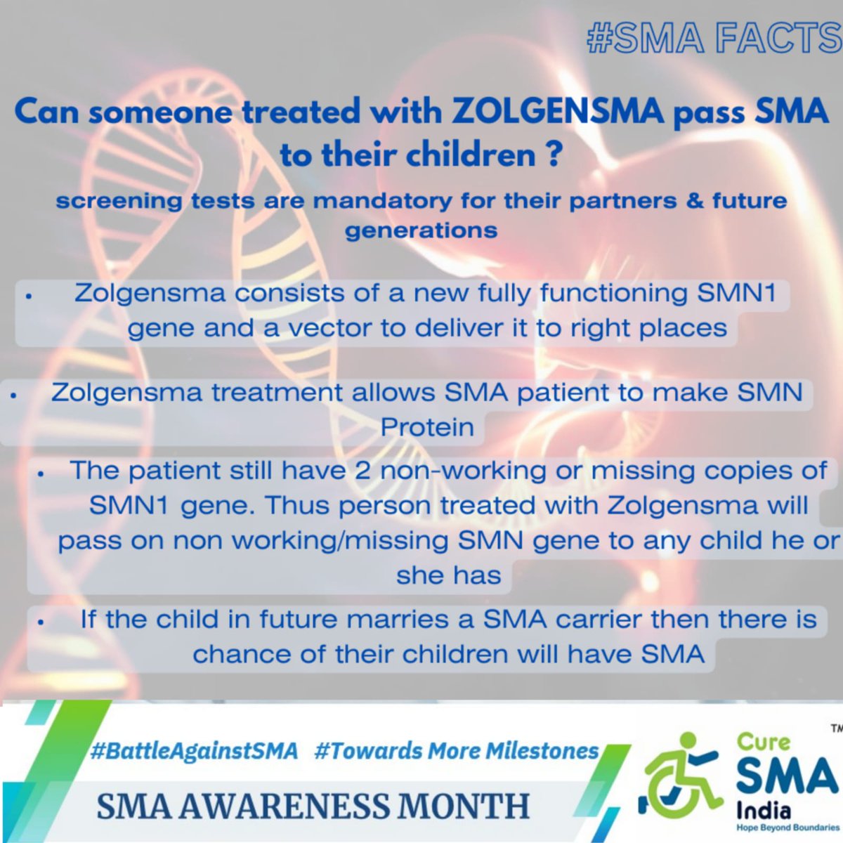 #SMAawarenessMonth
Day 29:  #Zolgensma offers hope to those with #SMA, but it's crucial to remember: even if treated, individuals can still carry the SMA gene and pass it to their children. Genetic counseling to ensure screening is essential. Knowledge empowers! 💙 #SMA
