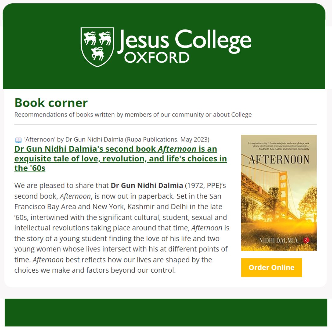 NidhiDalmiaHarp's tweet image. I want to extend my heartfelt thanks to @JesusOxford for featuring my book in the past issue of &apos;In the Loop,&apos; the #alumninewsletter. This recognition means a lot to me! I truly appreciate everyone&apos;s ongoing support in promoting my work. 
@Rupa_Books 

#AfternoonWithMrDalmia