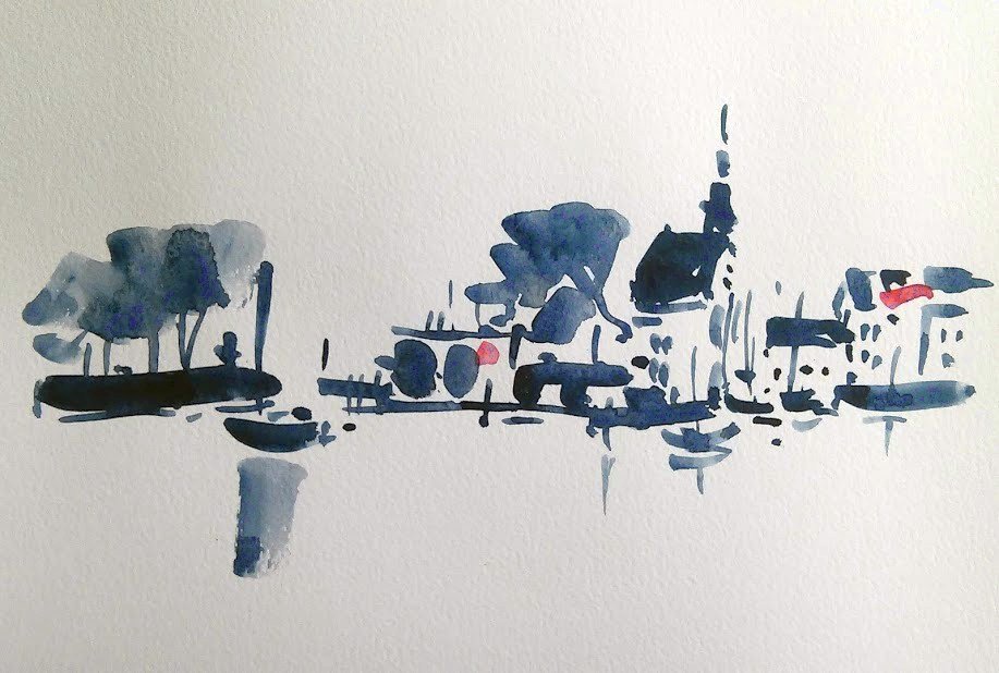 Sometimes I am in a hurry. 'One-minute' #watercolorsketch in Sumi-e of the harbour of #Hoorn , a beauitful city.  #watercolourpainting #watercolor #urbanart #watercolour #ArtistOnTwitter #art