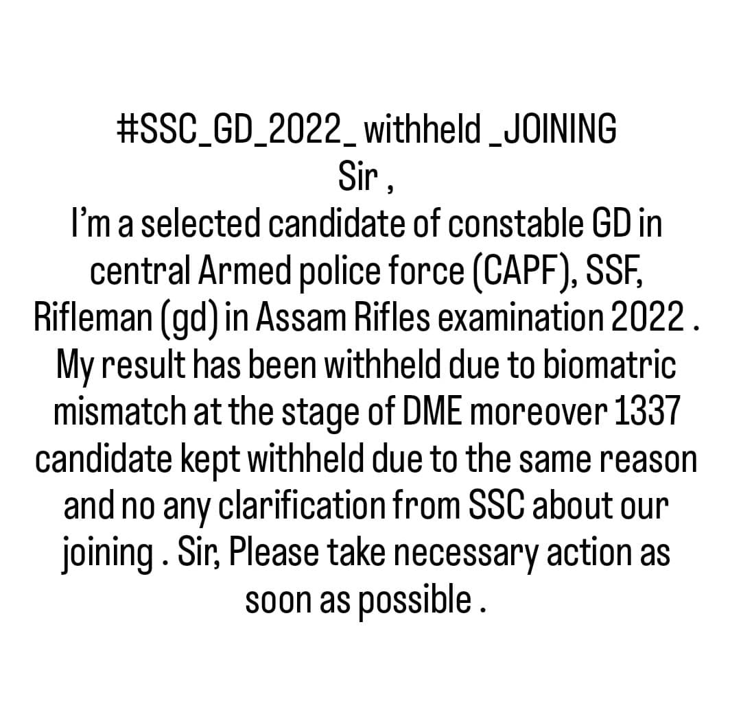akhil______sik's tweet photo. @SonuRaj91102549 @DrJitendraSingh @DoPTGoI @PMOIndia @crpfindia @BSF_India @ITBP_official @CISFHQrs @AmitShah #sscgdwithheld2022joining
@crpfindia @SSCorg_in @BSF_India @ITBP_official @PIBHomeAffairs @CISFHQrs @PMOIndia @AmitShah

1300+candidates of SSC GD 2022 are in withheld list. their result &amp; joining is pending. so we all requested to make their joining process fast.plz do needful https://t.co/lejiOOgVvd