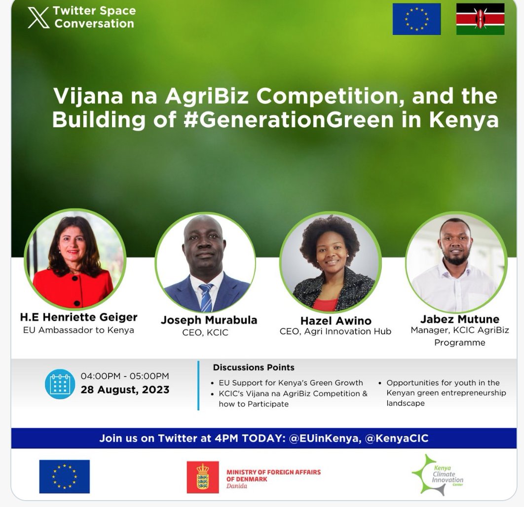 Our CEO joined @KenyaCIC & @EUinKenya
for an insightful Twitter Space conversation on the ongoing KCIC Vijana na AgriBiz Competition, and the building of a #generationgreen in Kenya.
@AgriInnovation2 #VijanaNaAgribiz #Youthinagriculture #EUinKenya