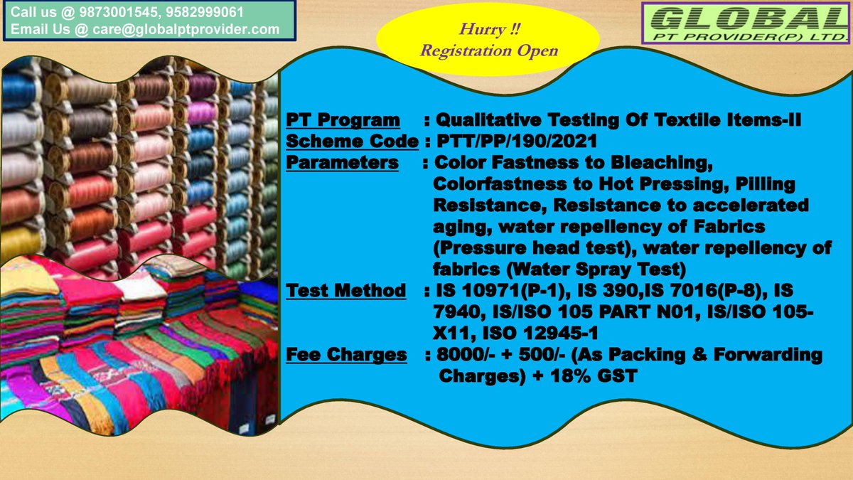 pt_limited's tweet image. #ptprograms #globalptprovider #proficiencytesting #qualitativetesting #textileitems #schemecode #parameters #colorfastnesstobleaching #colorfastnesstohotpressing #pillingresistence #resistancetoacceleratedaging #waterrepellencyoffabrics #testmethod #hurryup #registrationisopen