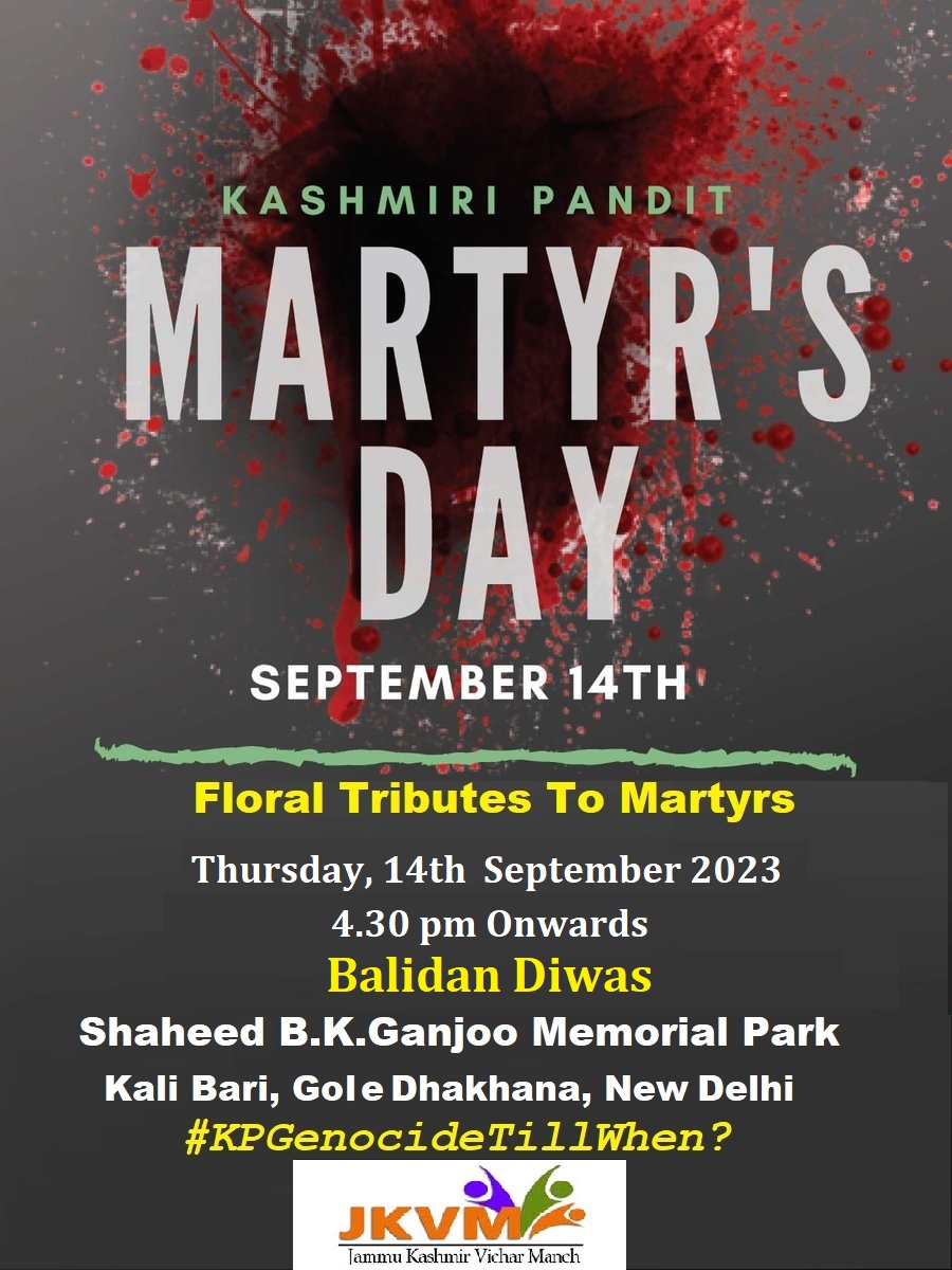 jk_jkvm's tweet photo. History is a record of what happened, and history is written for the people who died. #BalidanDiwas #33yearsinexile #Kashmir #Kashmiris  #EthnicCleansing #genocide
Pay your Tributes to martyrs at Shaheed B.K.Ganjoo Memorial Park Kali Bari N.Delhi on #14September 2003, 4.30 pm https://t.co/eopDSHnNDv