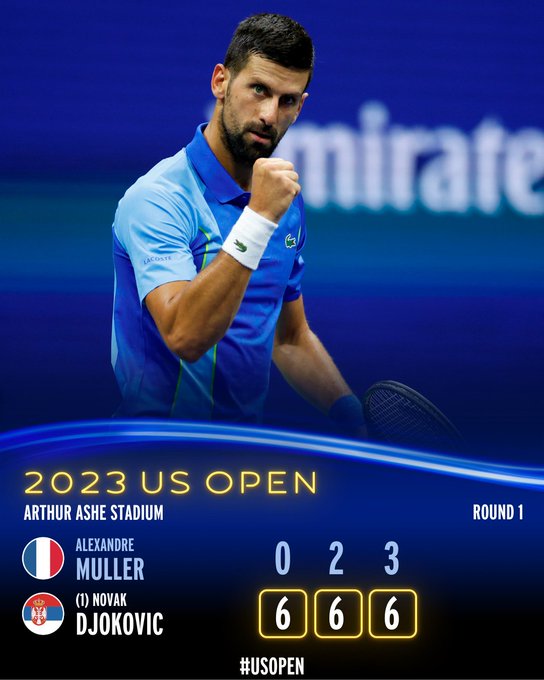 Djokovic defeats Muller 6-0. 6-2, 6-3