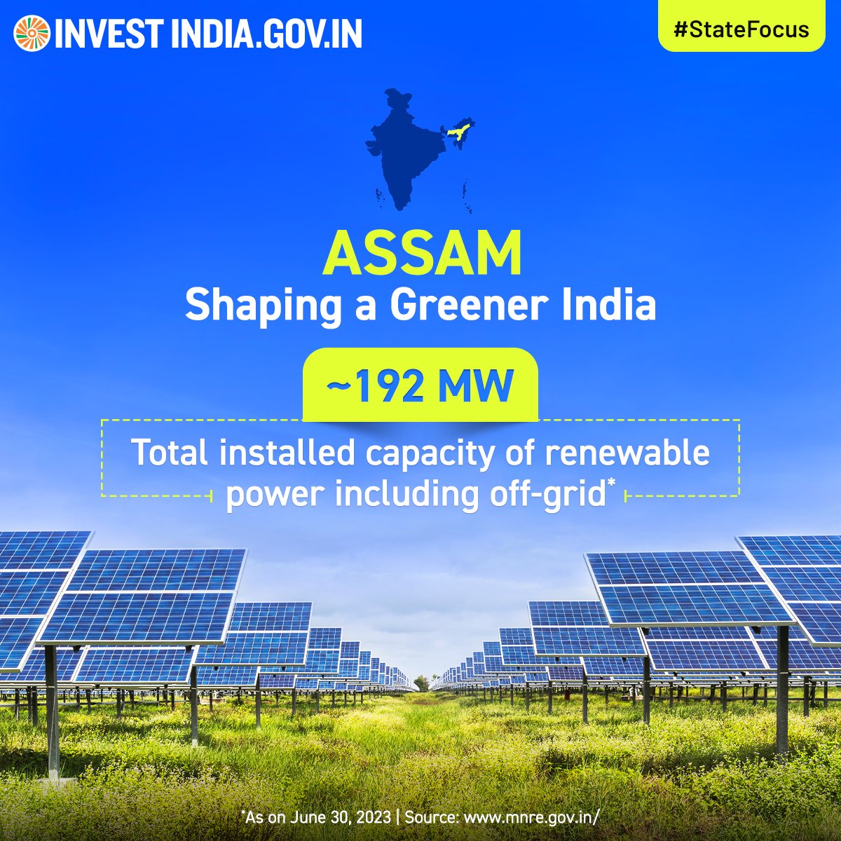 InvestIndiaUSA's tweet image. Solar power has the largest share in #Assam's renewable energy installed capacity at 155 MW+ as on June 30, 2023.

Discover more: bit.ly/II-Assam

#SolarPower #InvestAssam #StateFocus @USAmbIndia @USCSIndia @USIBC @USChamber @cgihou @CGISFO @IndianEmbassyUS @USAndIndia