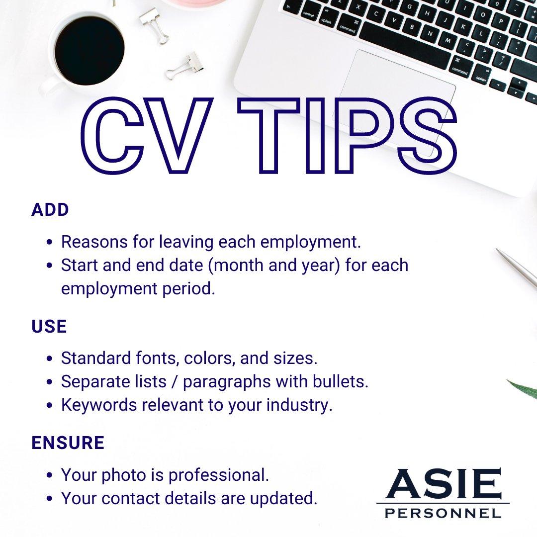 AsiePersonnel's tweet photo. #CVTip: Take time to review and update your CV.
Ensure your contact details have been updated, along with dates and reasons for leaving each employer.
Download a FREE professional CV template click here: https://t.co/tebdly8ePh
#asiepersonnel #CVtemplate #jobseeker #recruitment https://t.co/sZ9uTBmASH