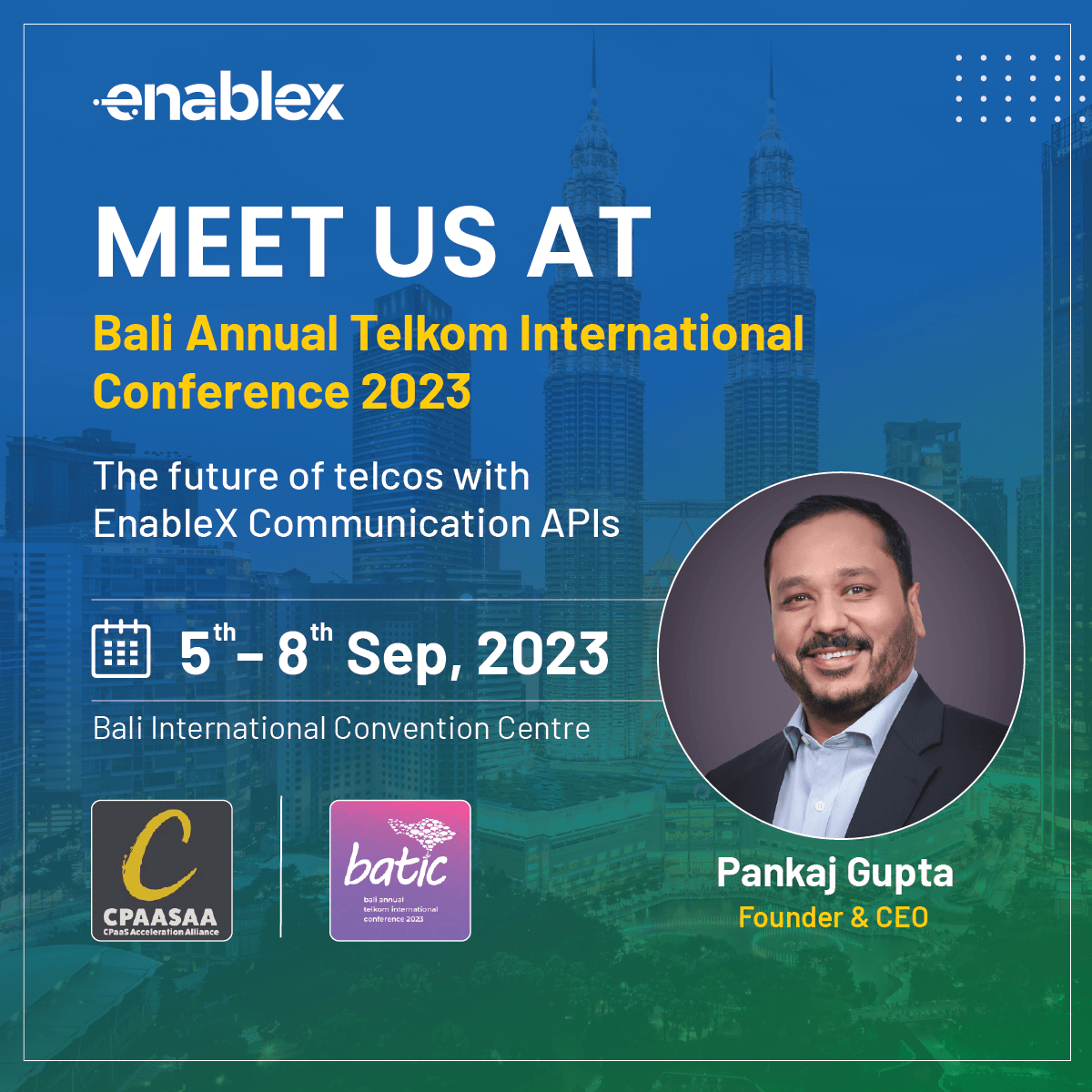EnablexIo's tweet photo. Join us at #BATIC2023, where our CEO @pangupt will talk about transforming Telcos into TechCos using EnableX's CPaaS solutions.
๐๐6th September, 13:00-13:55 PM CIT
Learn more: https://t.co/oZLco4gQyh
#BuildSomethingExciting #communicationsolutions #CPaaS @cpaasaa https://t.co/TVF00dGb8x