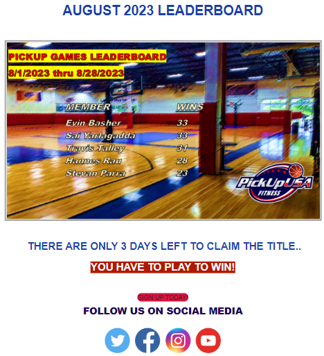 pickupusaDFW's tweet photo. With only 3 days left, who will have the most wins in August? Come join and see if your game can take you to the top. @pickupusa_coppelltx #basketball #mensbasketball #womensbasketball #pickupusafitness #abetterwaytoplay #basketballneverstops #dfwhoops #hoops #dallas #dfw https://t.co/RgxiYXHPLF