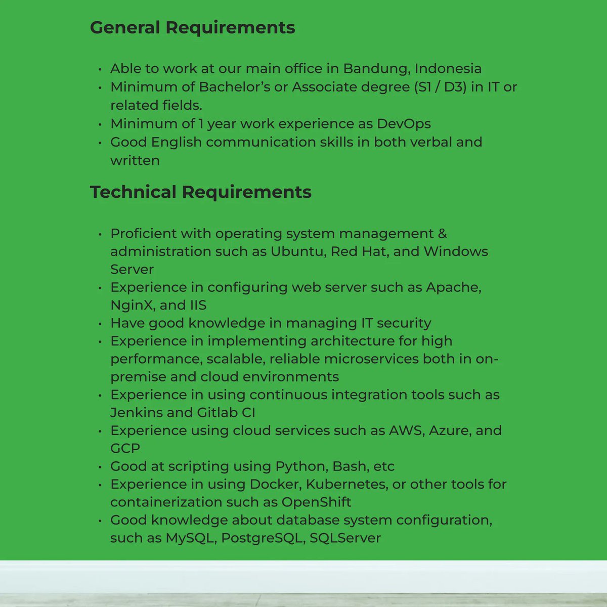 SMOOETS's tweet photo. Smooets is hiring for DevOps to join our programmer outsourcing team and  willing to work at our office main in Bandung!

See the full requirements and where to send your CV👉
---

#smooets
#hiring
#hiringnow
#loker
#lokerbandung #lowongankerja #infoloker https://t.co/AMy7k6xMIy