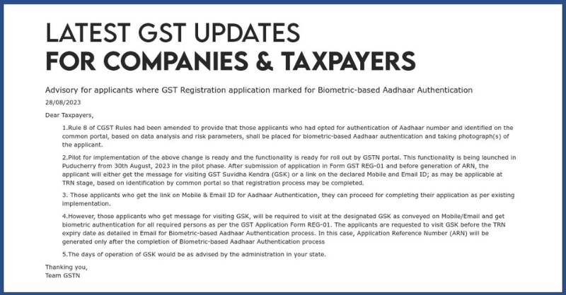 gsthelpline's tweet photo. A New Advisory for applicants with #GSTRegistration applications marked for #biometric authentication using #AADHAAR. Click here for more We also attached a screen shot of the update.
#gst #latestgstupdate #gstupdate #Governmentupdate